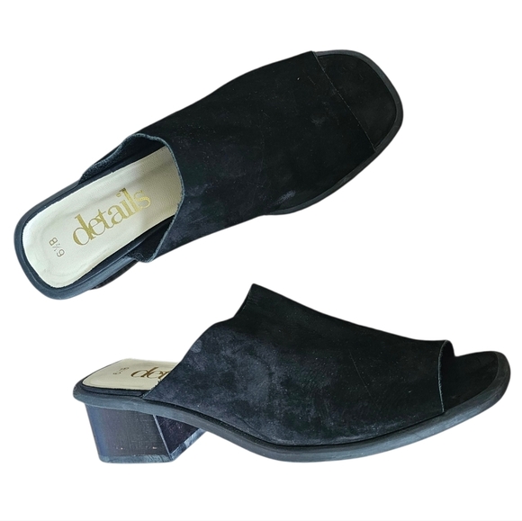 Vintage Y2k Details Women's Black Suede Open Toe Mules Heels Size 6.5 - Picture 1 of 6